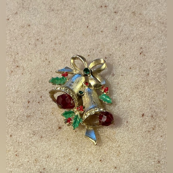 Jewelry - Festive Bell Brooch with Red and Green Accents